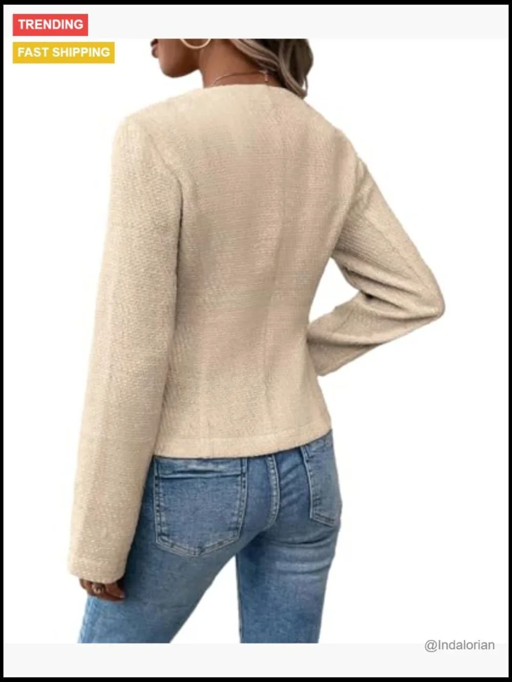 Tweed Blazer Jacket Collarless Open Front Slim Fit Work Casual